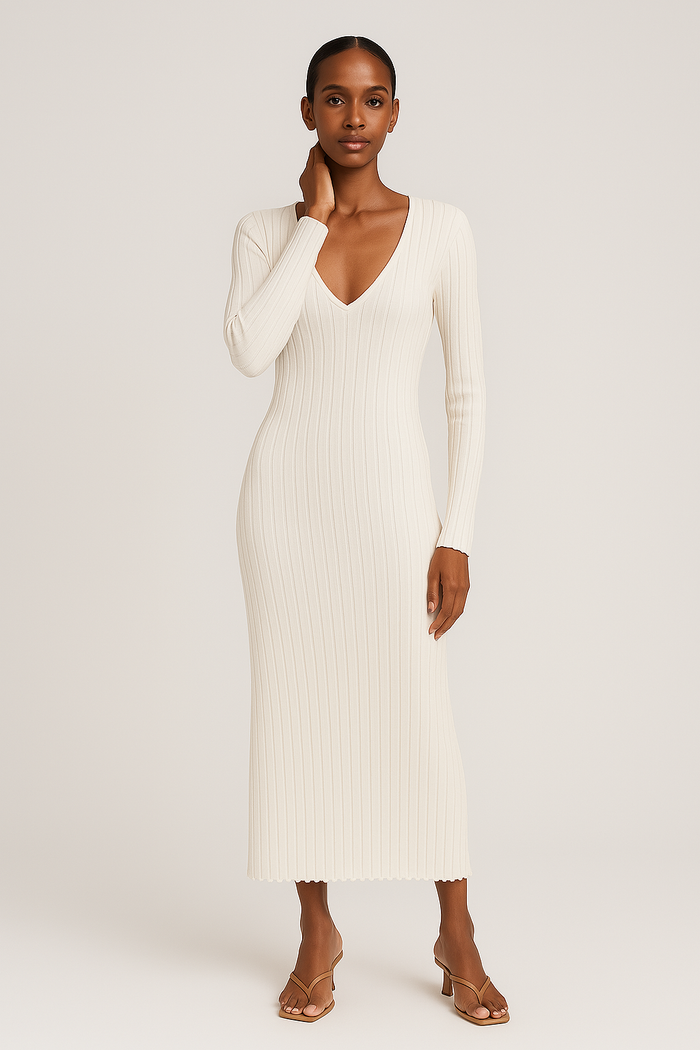 Sophia - Women's Autumn Wedding Guest Dress with Long Sleeves and V-Neck