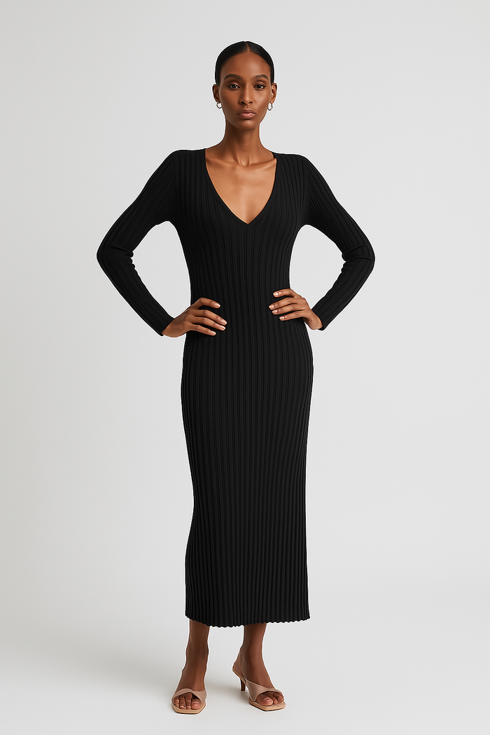Sophia - Women's Autumn Wedding Guest Dress with Long Sleeves and V-Neck