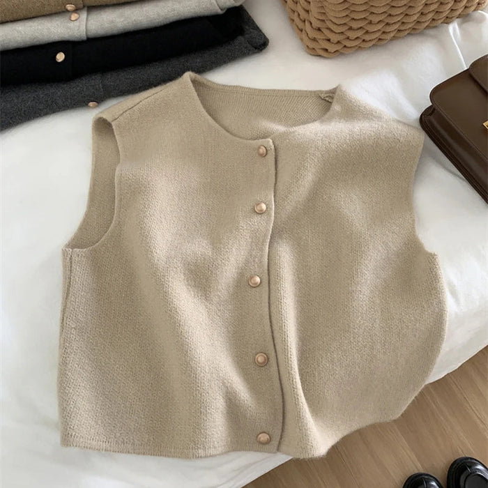 Sophia - Women's Sweater Vest Wool Style Sleeveless with Button Front