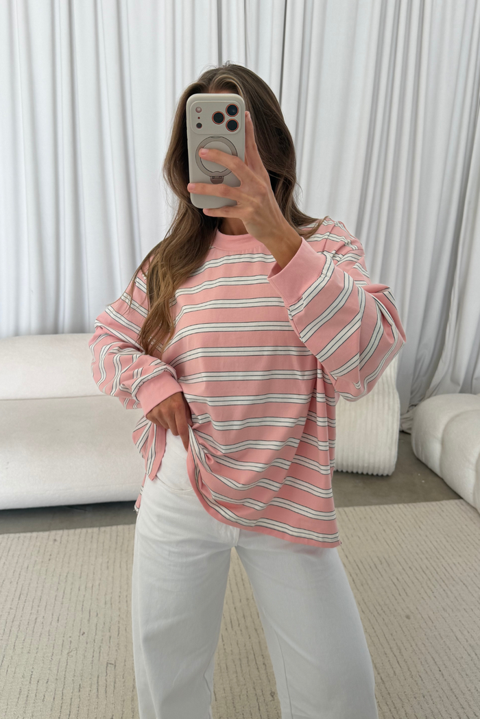 Soraya Striped Long Sleeve Tee in Baby Pink