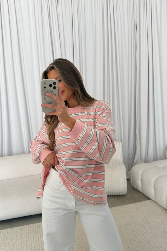 Soraya Striped Long Sleeve Tee in Baby Pink