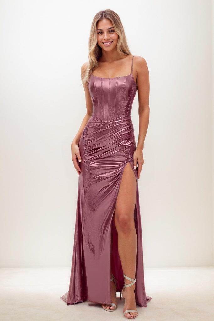 Sparkle Scoop Neck Spaghetti Straps Lace Up Back Prom Dresses CS0833 - COCOMELODY
