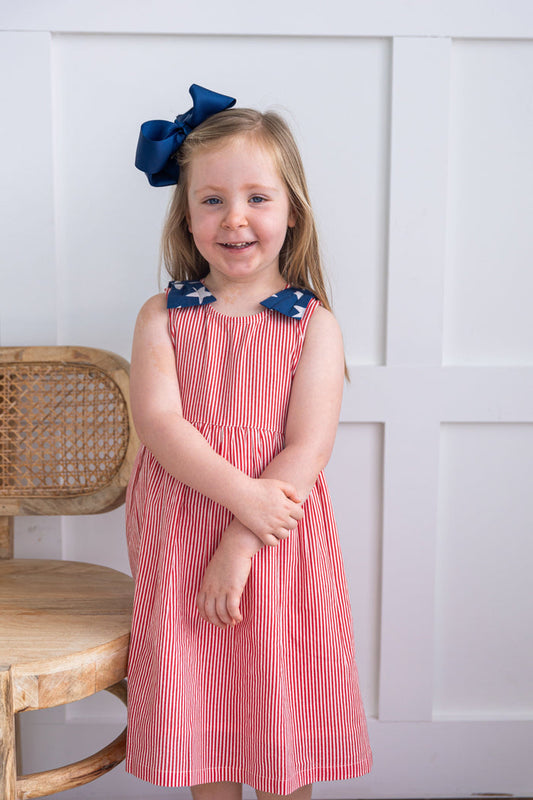 Stars & Red Striped Printed Bow Gathered Dress DRESS Yo Baby India