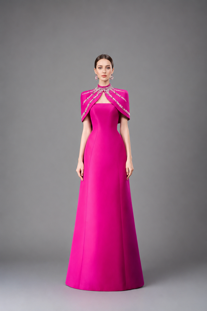 Strapless A-line dress with embellished shoulder cape - SERENA