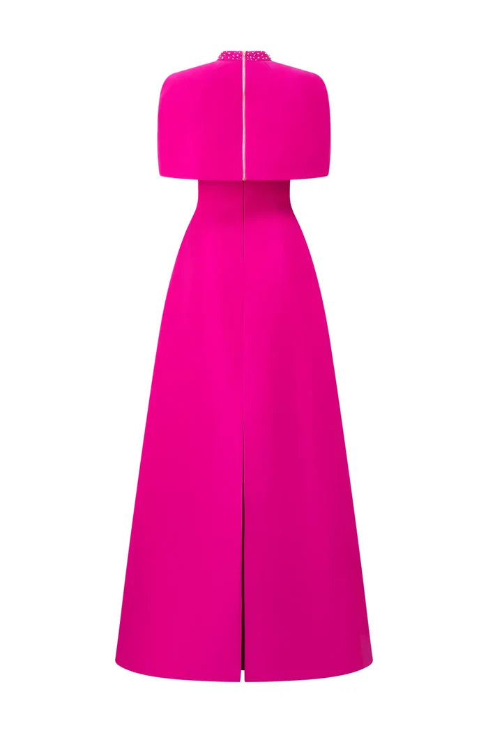Strapless A-line dress with embellished shoulder cape - SERENA