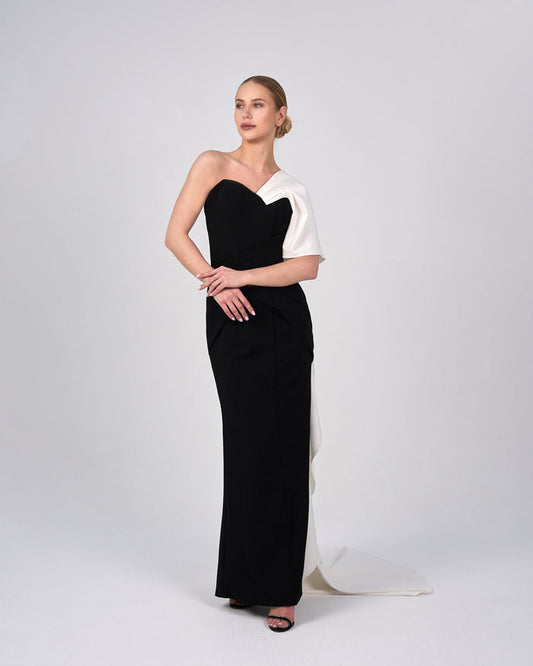 Strapless column dress with shoulder ruffle and train - ANIKA