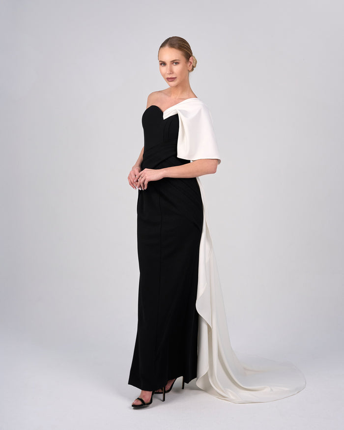 Strapless column dress with shoulder ruffle and train - ANIKA