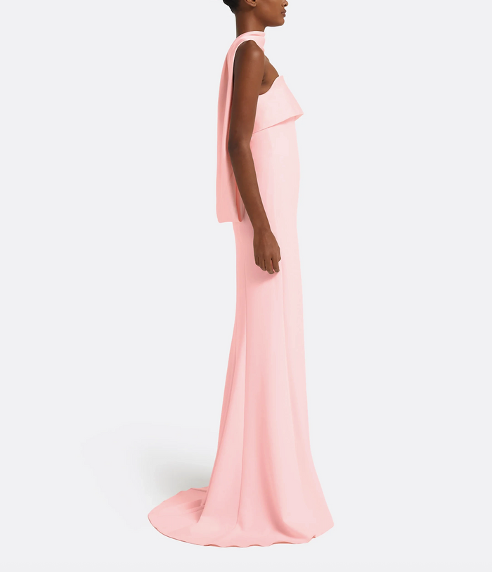 strapless column gown with scarf neckline – BLOSIA