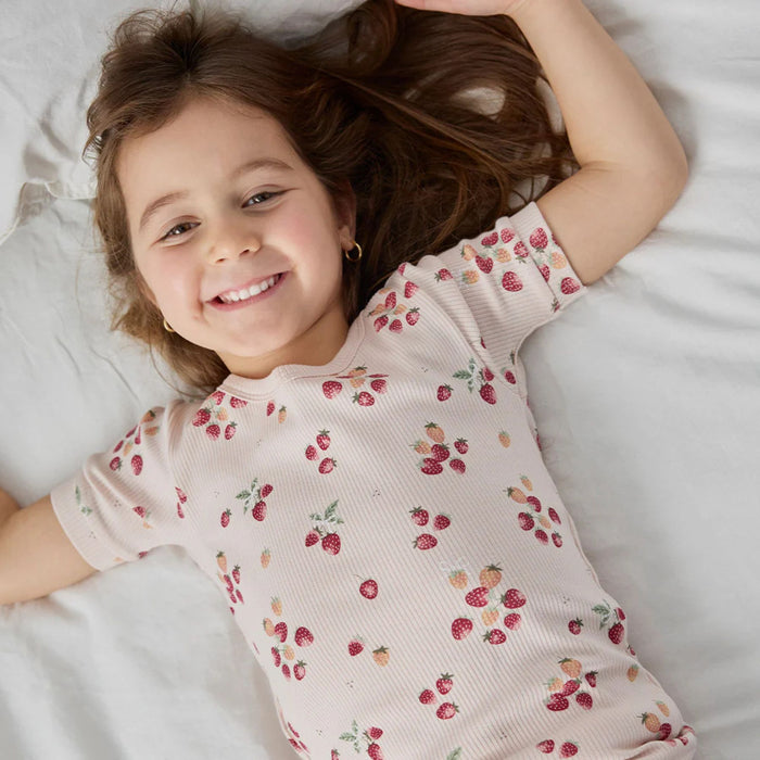 Strawberry on Soft Pink Ribbed, Short Sleeves PJ Set