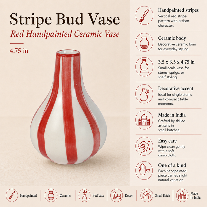 Stripe Bud Vase | Red Handpainted Ceramic | 4.75 Inch
