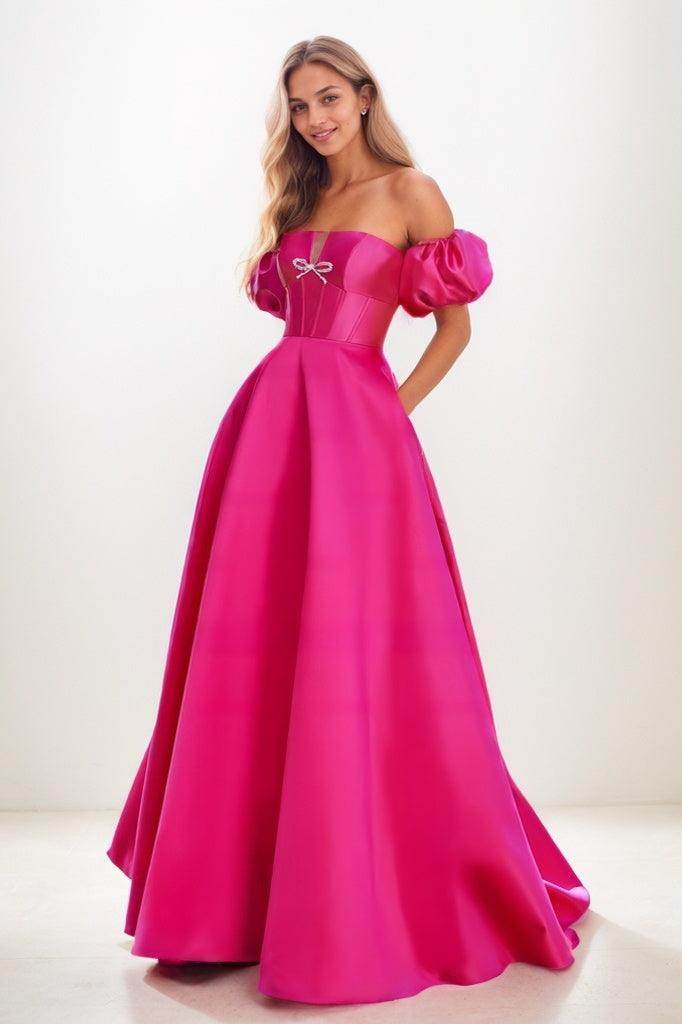 Sweet & Flow Bow Accented Detachable Sleeves Satin Prom Dresses CS0838 - COCOMELODY