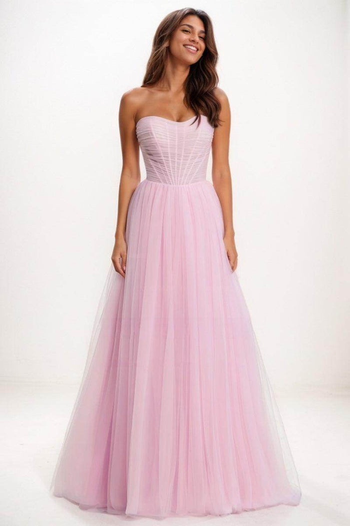 Sweetheart Ruched Illusion Corset A-LineTulle Prom Dresses CS0729 - COCOMELODY