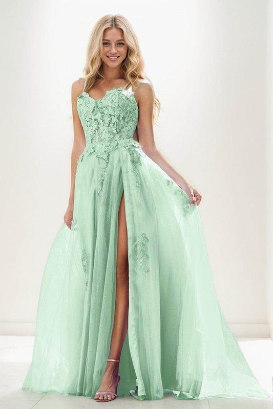 Sweetheart Spaghetti Straps Applique A Line Tulle Prom Dresses CS0943 - COCOMELODY