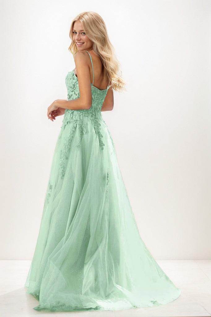Sweetheart Spaghetti Straps Applique A Line Tulle Prom Dresses CS0943 - COCOMELODY