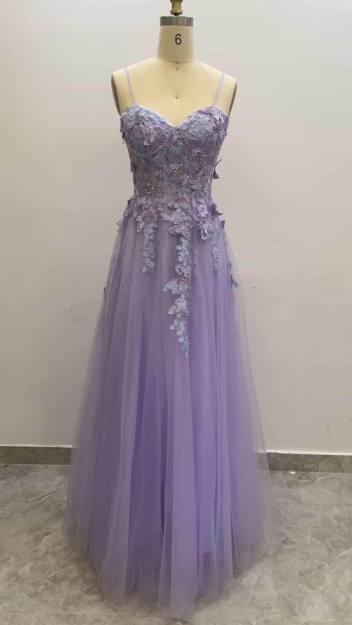 Sweetheart Spaghetti Straps Applique A Line Tulle Prom Dresses CS0943 - COCOMELODY