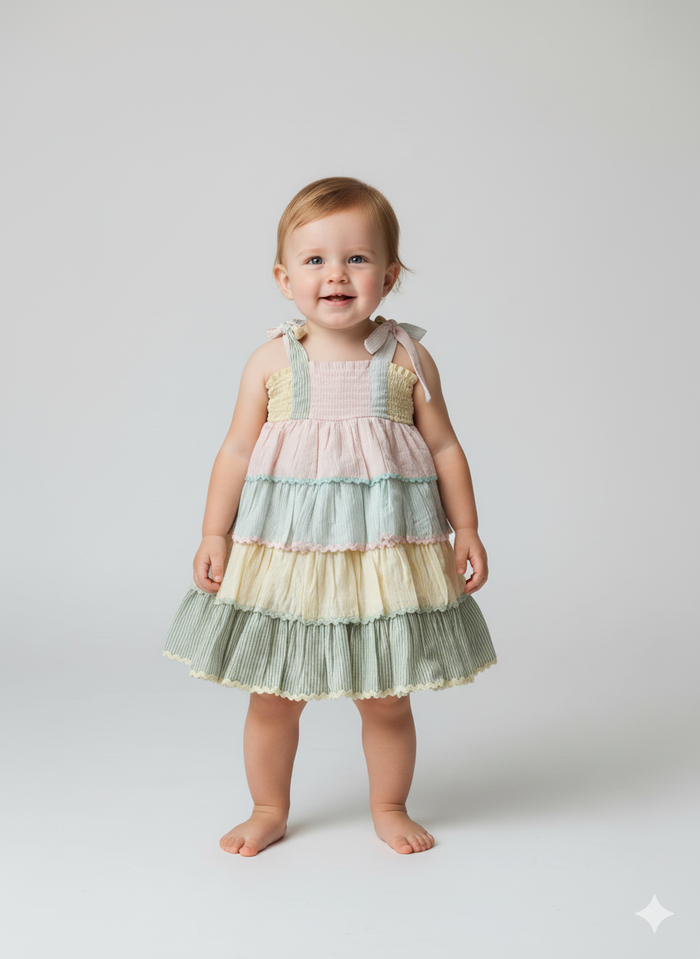 Sydney Layered Swing Dress – Multi-Coloured | Infant, Toddler & Tween Cotton Dress with Smocked Bodice and Tie-Up Shoulders