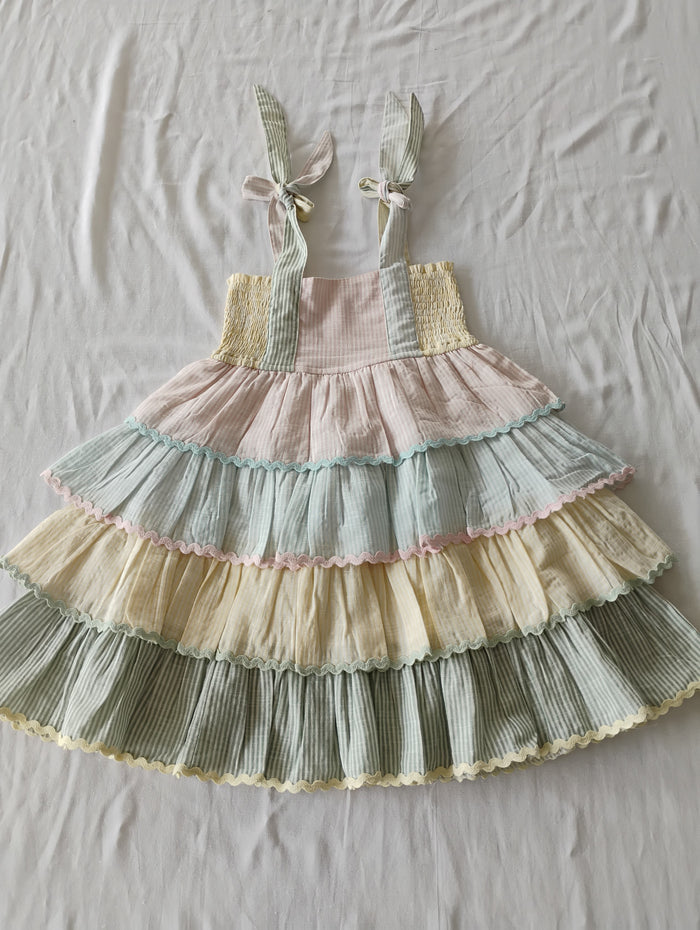 Sydney Layered Swing Dress – Multi-Coloured | Infant, Toddler & Tween Cotton Dress with Smocked Bodice and Tie-Up Shoulders