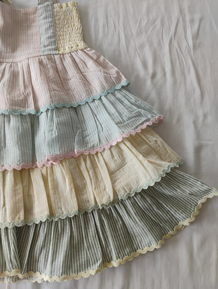 Sydney Layered Swing Dress – Multi-Coloured | Infant, Toddler & Tween Cotton Dress with Smocked Bodice and Tie-Up Shoulders