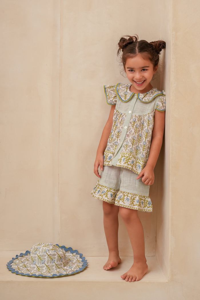 Top and Shorts Set White with Blue Floral Print — Cotton Girls Co-Ord | Infant to Tween 0-13 Years