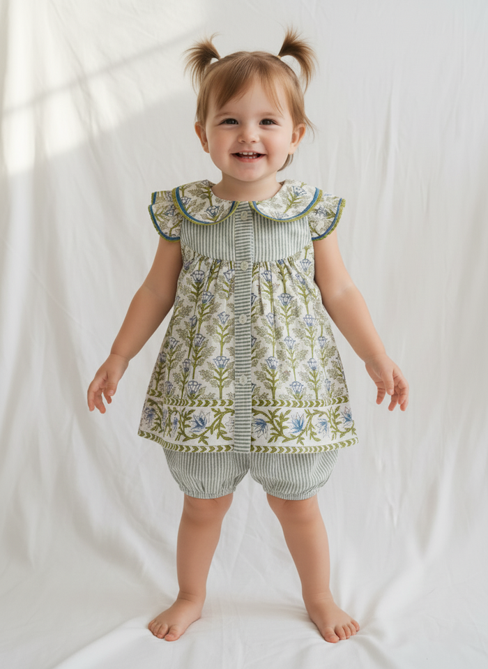 Top and Shorts Set White with Blue Floral Print — Cotton Girls Co-Ord | Infant to Tween 0-13 Years