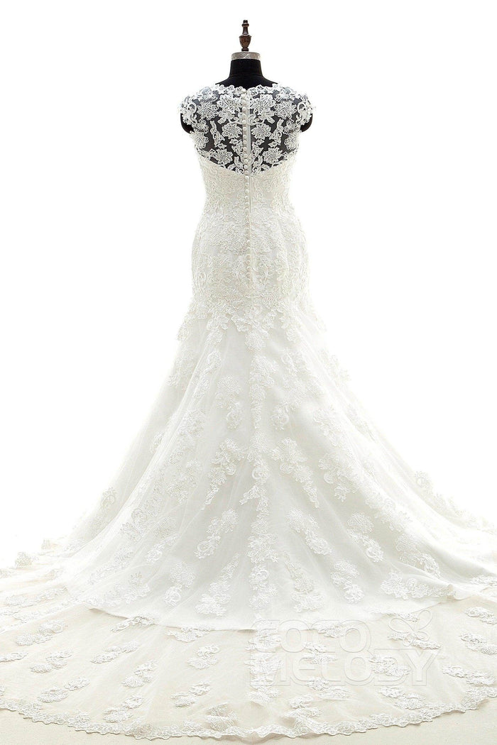 Trumpet Chapel Train Tulle Wedding Dress LWAT1503ECR - COCOMELODY