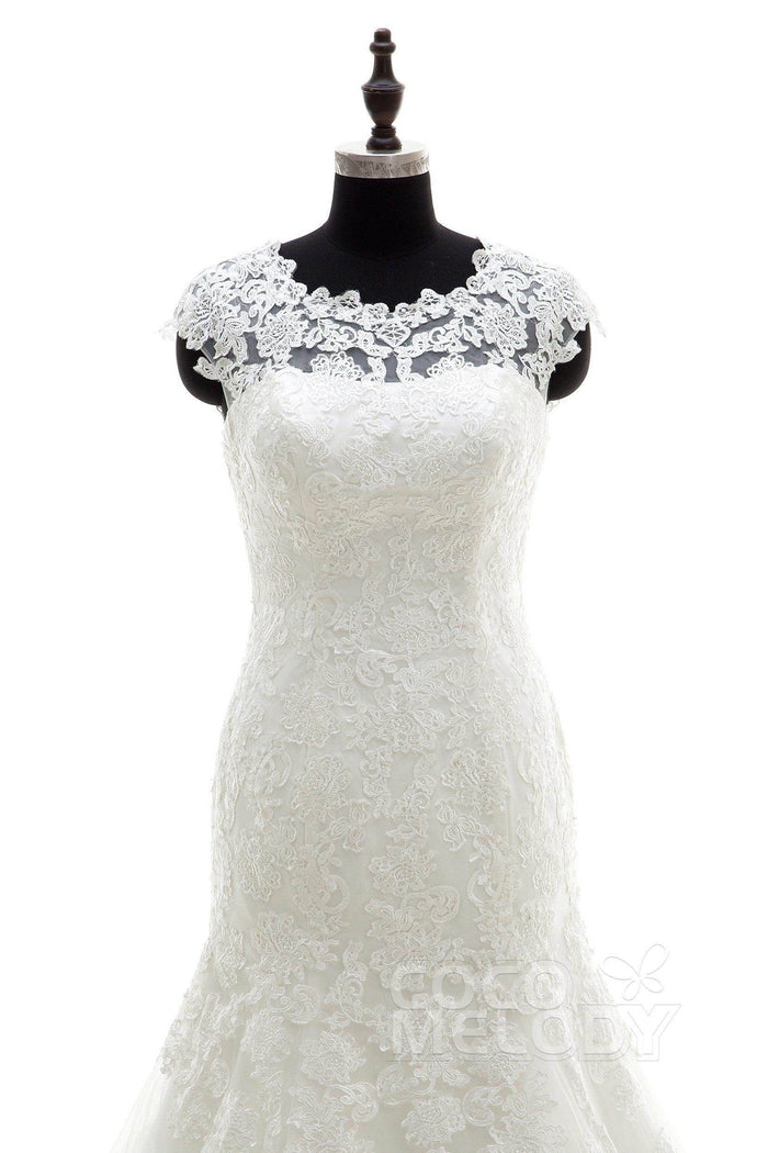 Trumpet Chapel Train Tulle Wedding Dress LWAT1503ECR - COCOMELODY