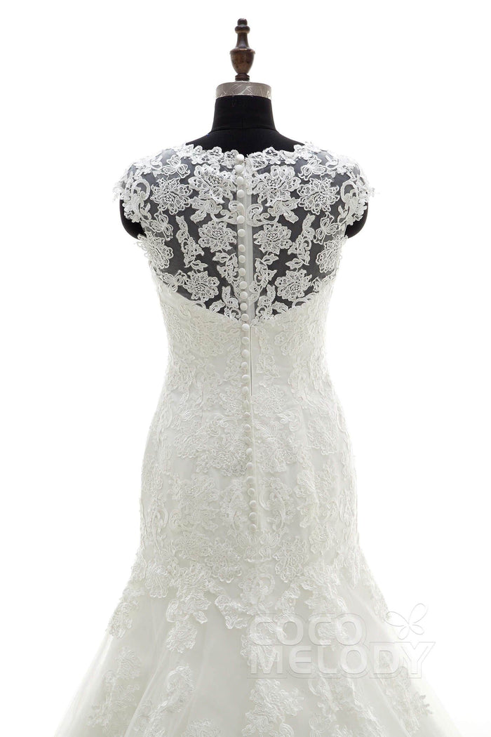 Trumpet Chapel Train Tulle Wedding Dress LWAT1503ECR - COCOMELODY