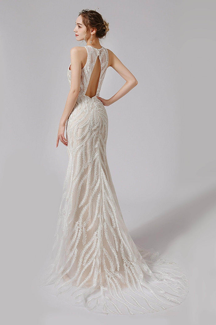 Trumpet-Mermaid Sweep-Brush Train Lace Wedding Dress CW2720CR - COCOMELODY