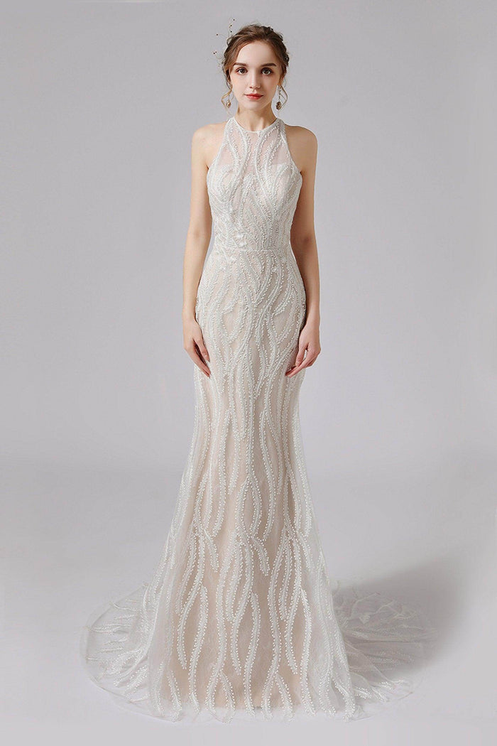 Trumpet-Mermaid Sweep-Brush Train Lace Wedding Dress CW2720CR - COCOMELODY