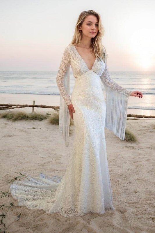 Trumpet-Mermaid Sweep-Brush Train Lace Wedding Dress CW3499 - COCOMELODY