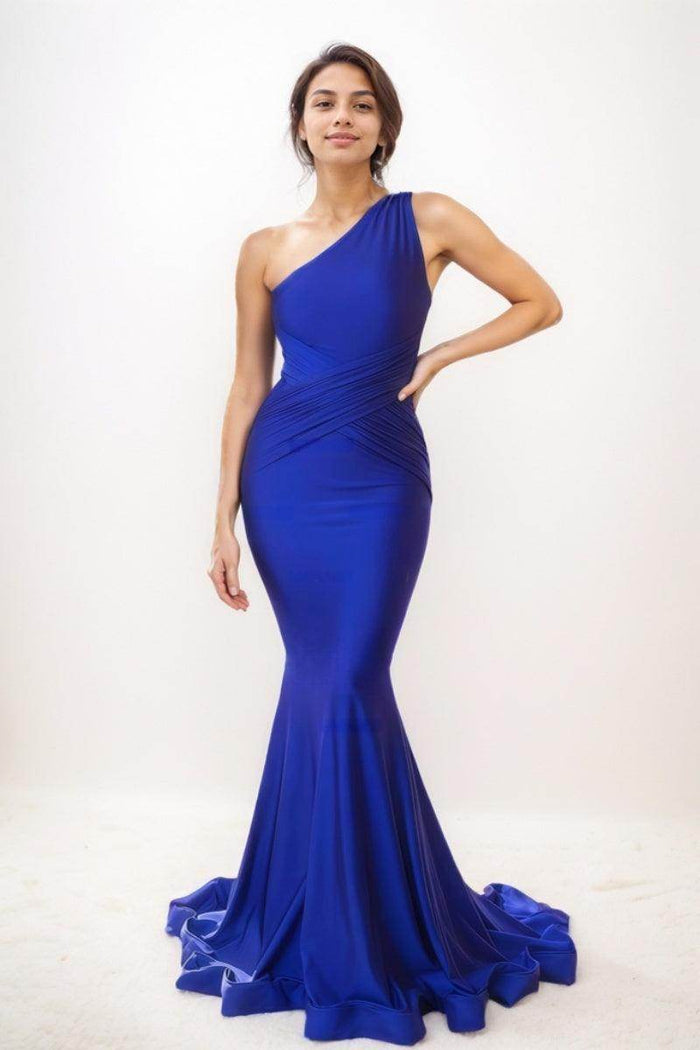 Trumpet One-Shoulder Sleeveless Silk Like Satin Prom Dresses CS0754 - COCOMELODY