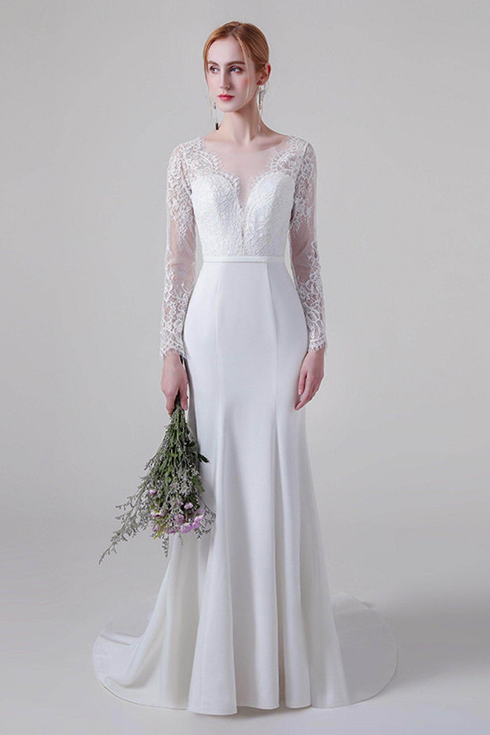 Trumpet Sweep-Brush Train Lace Elastic Cloth Wedding Dress CW2746 - COCOMELODY