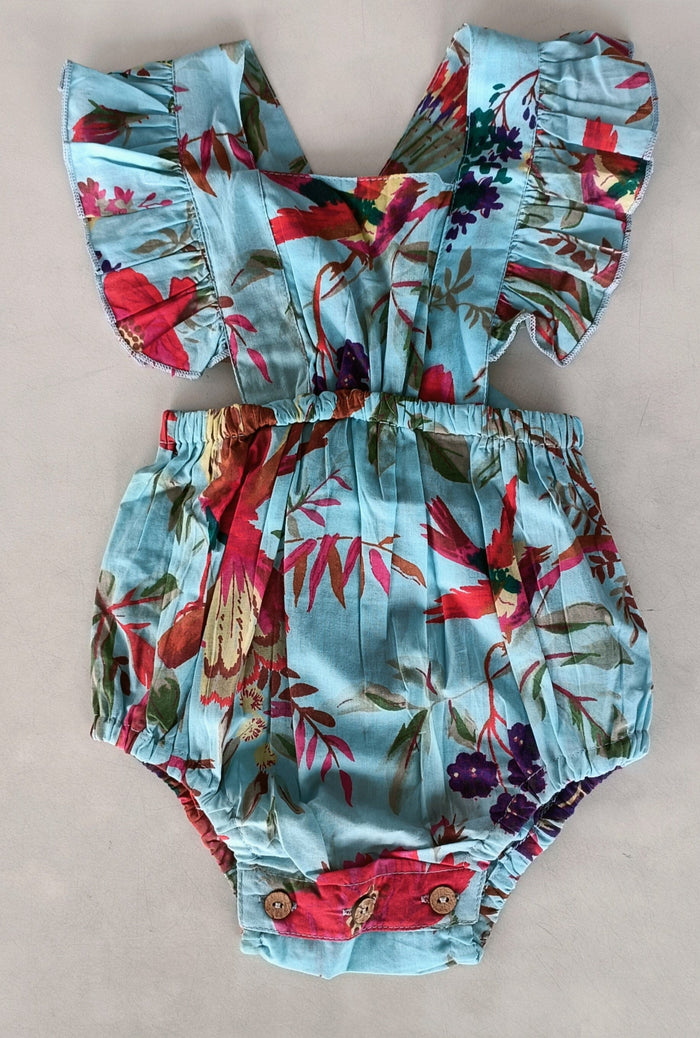 Turquoise Bird Printed Ruffled Gathered Romper – Infant Cotton Romper for Babies