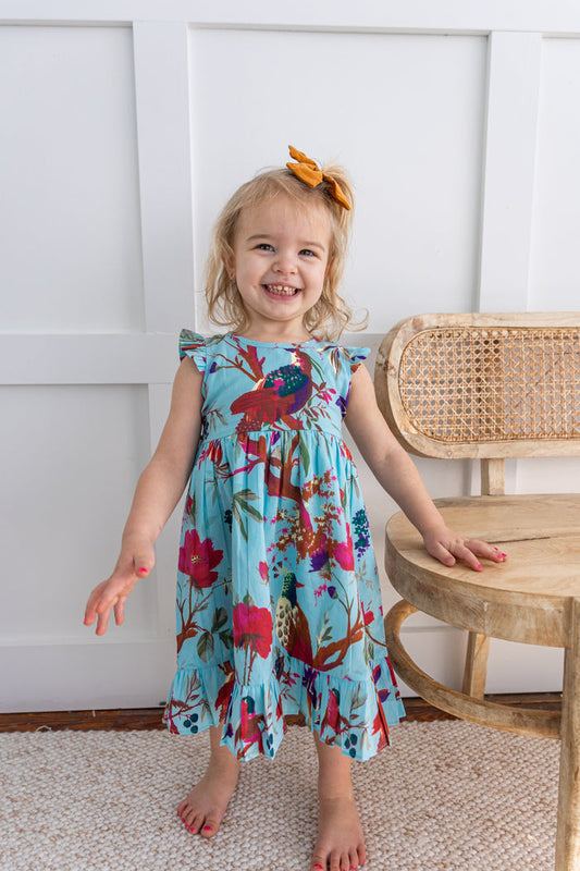 Turquoise Bird Printed Sleeve & Bottom Ruffle Dress – Infant Baby Girl Cotton Dress with Bloomer