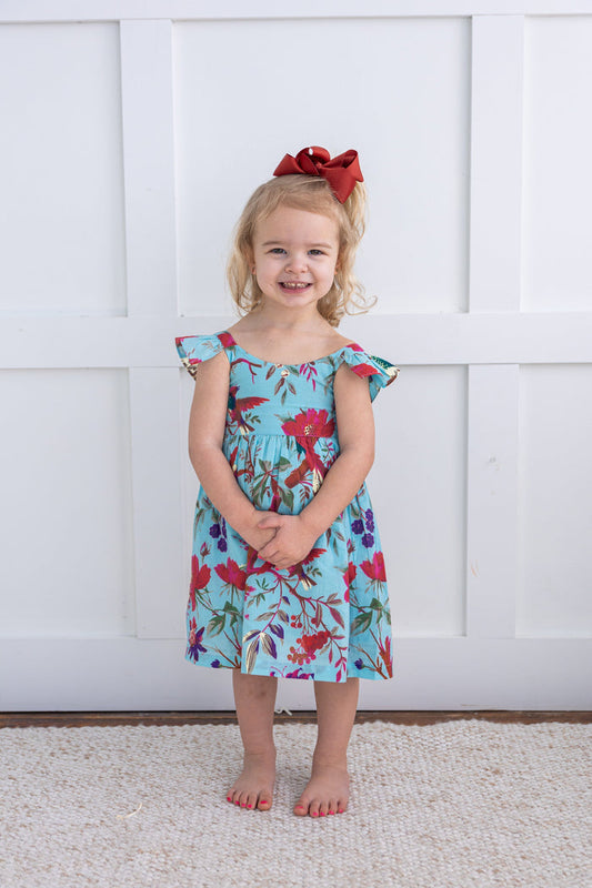 Turquoise Bird Printed Sleeve Ruffled Gathered Dress dress & diaper cover Yo Baby India