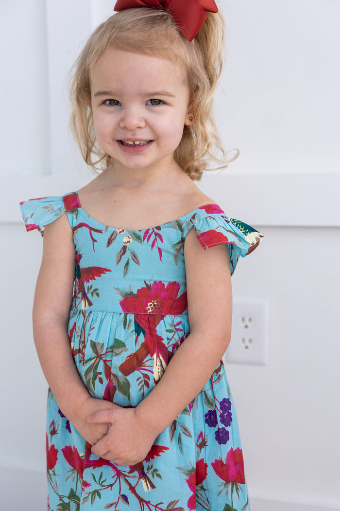 Turquoise Bird Printed Sleeve Ruffled Gathered Dress dress & diaper cover Yo Baby India