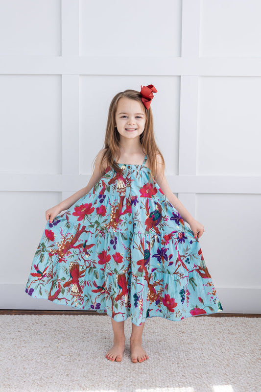 Turquoise Bird Printed Tiered Dress dress & diaper cover Yo Baby India