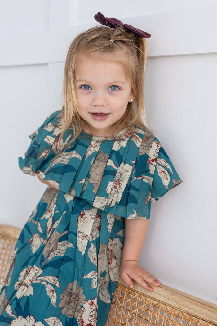 Turquoise Floral Printed Box Pleated Dress dress & diaper cover Yo Baby India