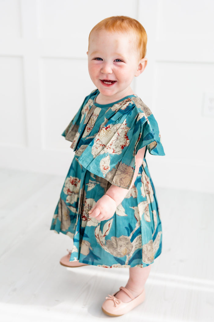 Turquoise Floral Printed Box Pleated Dress dress & diaper cover Yo Baby India