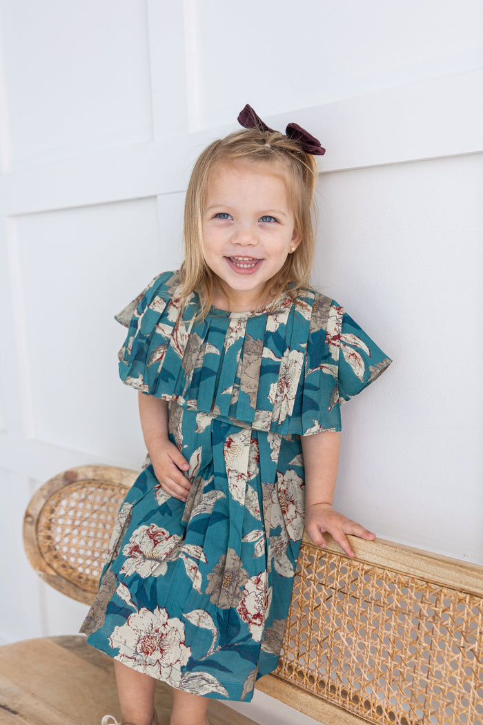 Turquoise Floral Printed Box Pleated Dress dress & diaper cover Yo Baby India