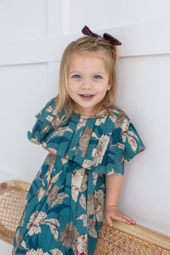 Turquoise Floral Printed Box Pleated Dress dress & diaper cover Yo Baby India