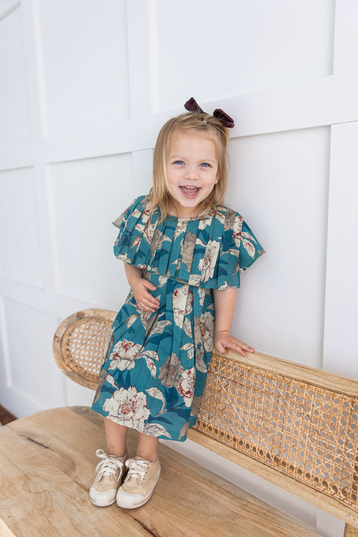 Turquoise Floral Printed Box Pleated Dress dress & diaper cover Yo Baby India