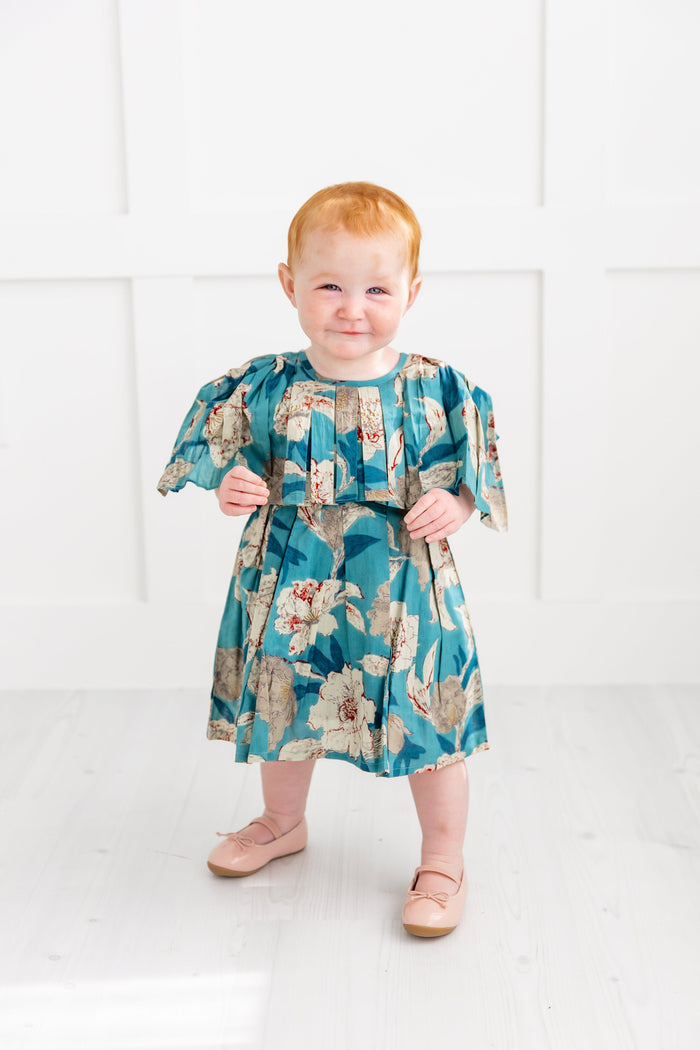 Turquoise Floral Printed Box Pleated Dress dress & diaper cover Yo Baby India