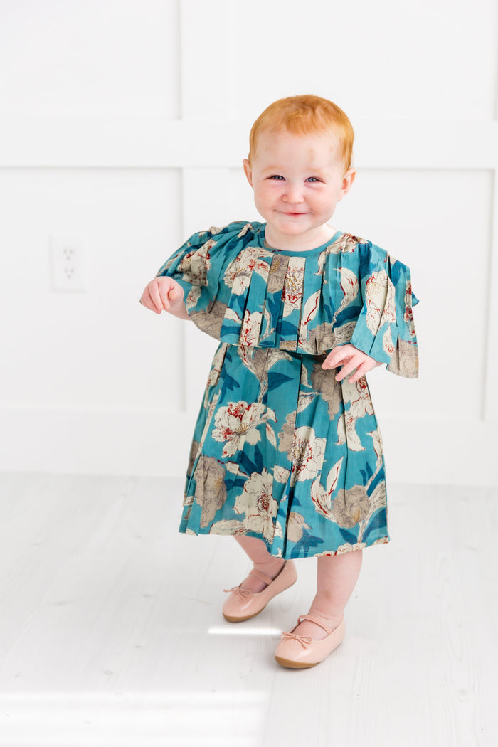 Turquoise Floral Printed Box Pleated Dress dress & diaper cover Yo Baby India