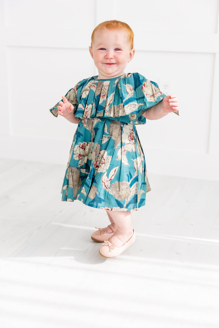 Turquoise Floral Printed Box Pleated Dress dress & diaper cover Yo Baby India