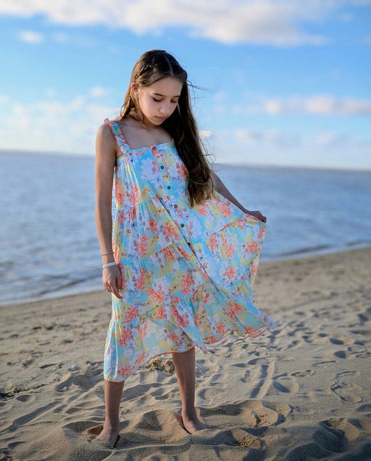 Turquoise Floral Printed Multi-Tiered Ruffle Dress dress & diaper cover Yo Baby India