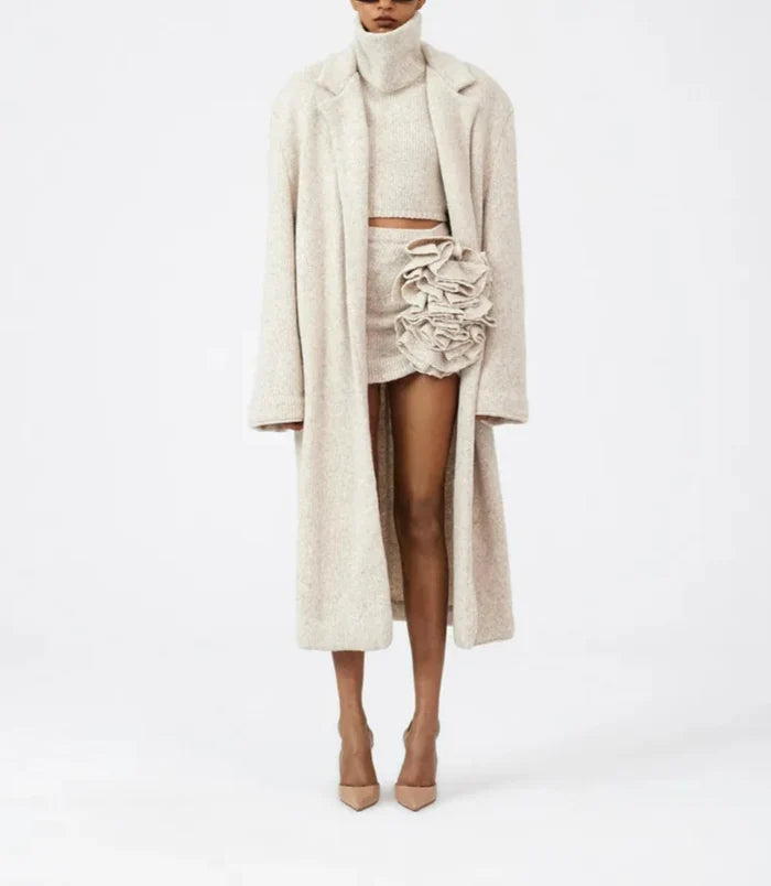 turtleneck knit top with maxi coat and ruffle detail - Logenh