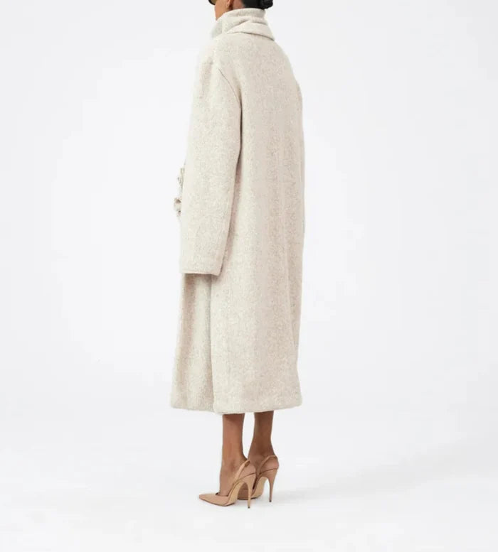 turtleneck knit top with maxi coat and ruffle detail - Logenh