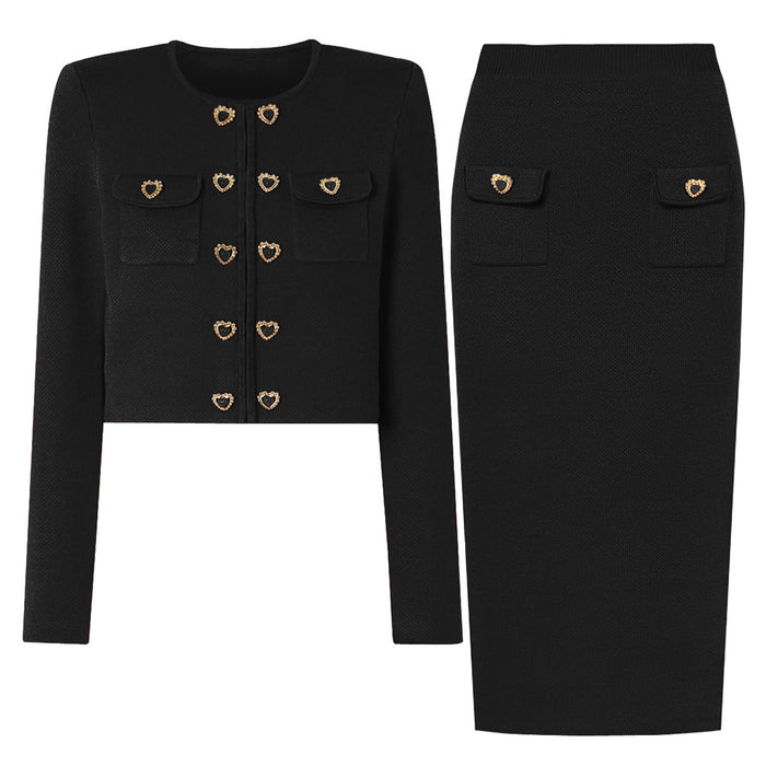 two-piece knit set with heart-shaped button accents – AMELIEV