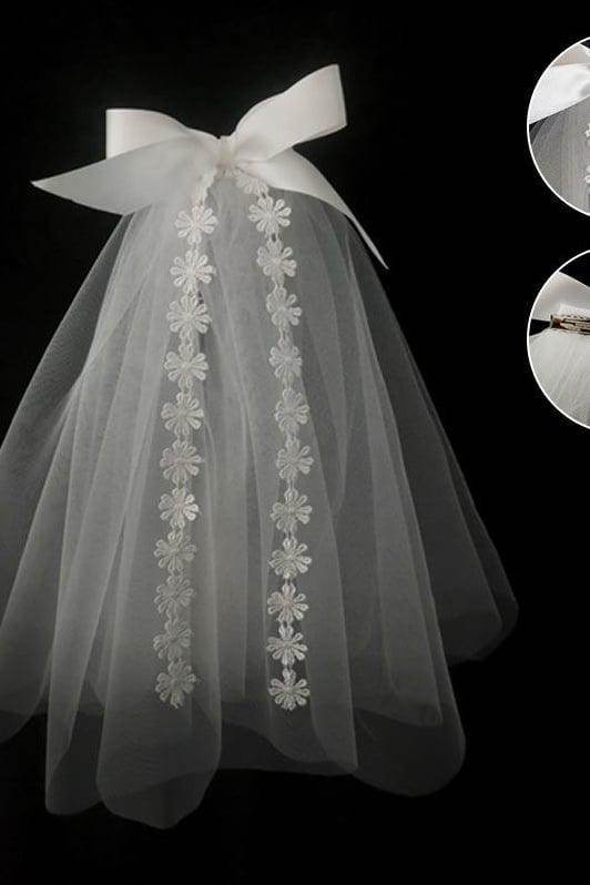 Two-tier Cut Edge Lace Tulle Shoulder Veils with Bow CV0393 - COCOMELODY
